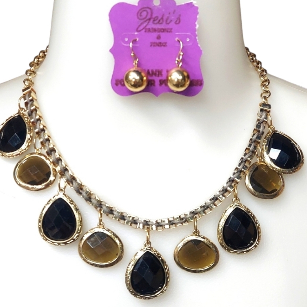 S161 Chunky Gold Teardrop Geo Statement Necklace Earring Set 9$